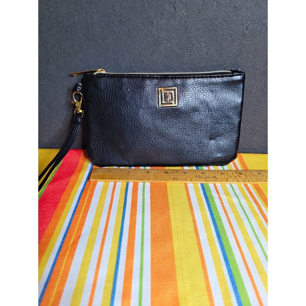 Liz Claiborne Black Faux Leather Wristlet Wallet Gold 7in Cards w/charging bank